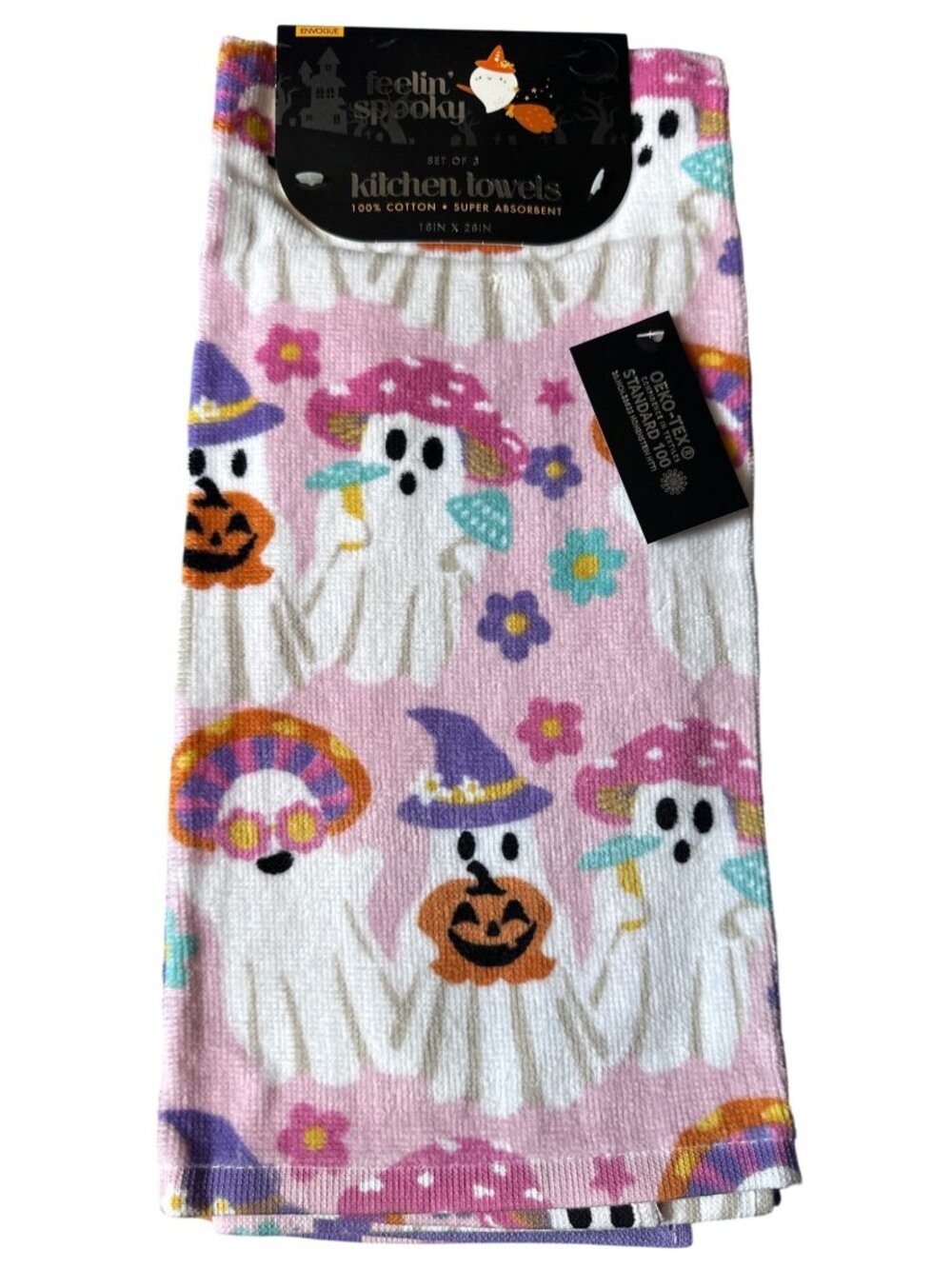 Feelin Spooky Halloween Kitchen Towels Set Of 3 100% Cotton 18"x28" Ghost/Pumpki